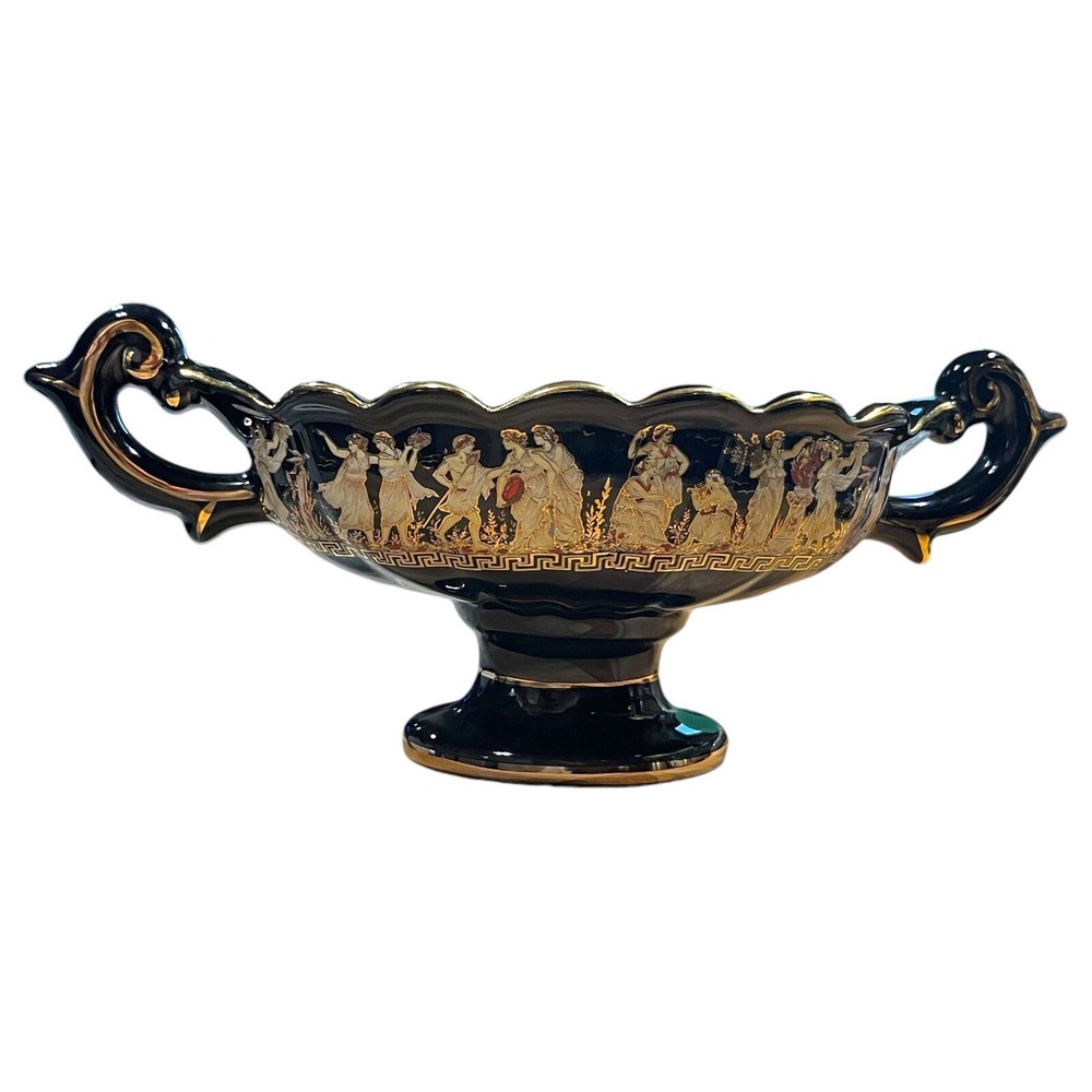 Skratimenos Black Ceramic 24k Trim Handmade Greek Handled Footed Oval Dish